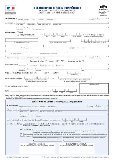 Certificat cession - Déclaration de cession vente ou destruction véhicule