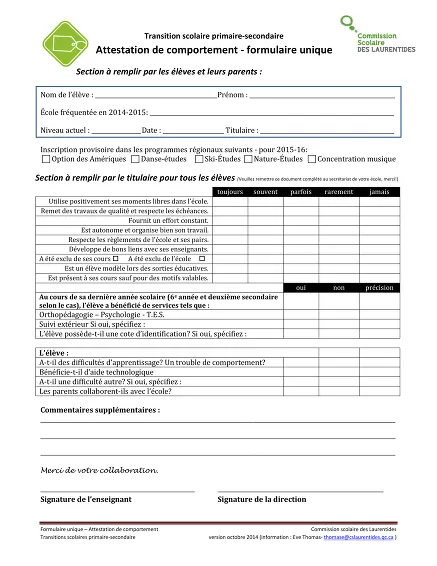 Certificat comportement - Formulaire attestant le comportement scolaire