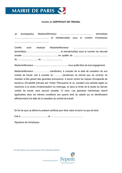 Certificat et prévoyance - Certificat de travail mentionnant libre engagement et garanties prévoyance