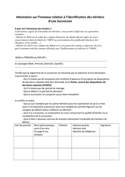 Certificat hérédité - Attestation sur l’identification des héritiers