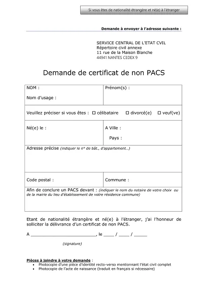 Certificat non PACS - Formulaire de demande d’un certificat de non-PACS
