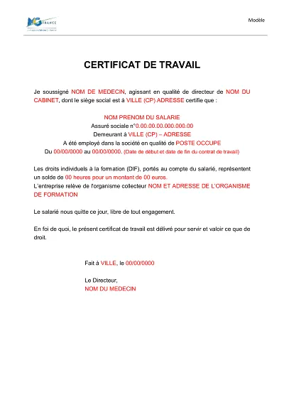 Certificat travail médical - Certificat de travail médical incluant « libre de tout engagement »