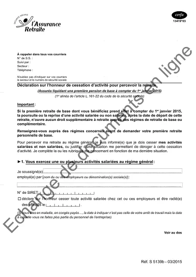 Cessation activité - Cessation d’activité pour retraite régime général