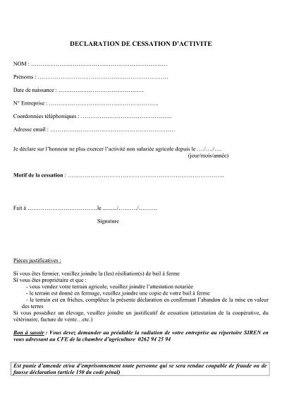 Cessation agricole - Formulaire de cessation activité agricole