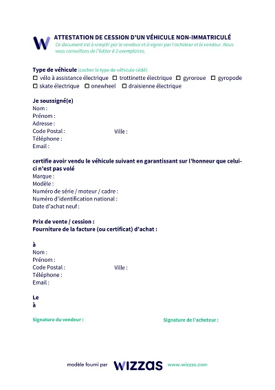 Cession véhicule - Attestation vente véhicule non immatriculé