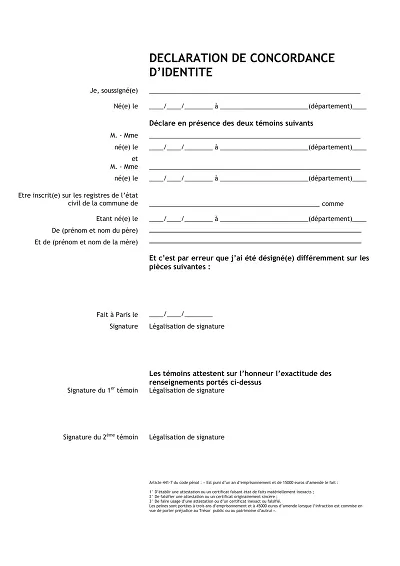 Concordance identité - Déclaration pour corriger erreurs d’identité.