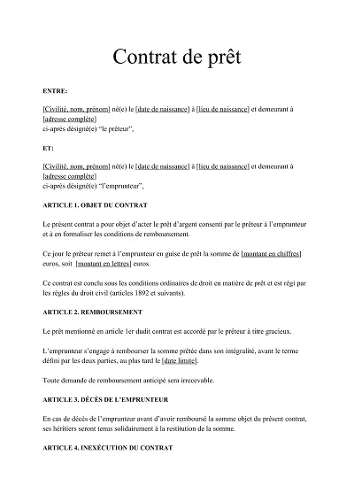 Contrat de prêt - Contrat type de prêt d’argent