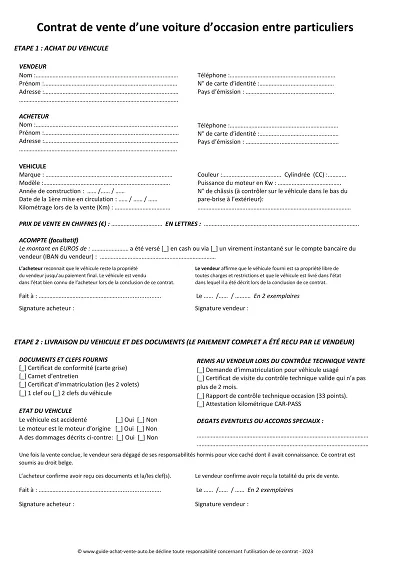 Contrat vente voiture - Contrat de vente voiture d’occasion entre particuliers