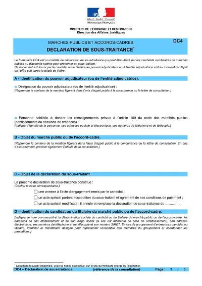 DC4 Ministère - Formulaire DC4 ministériel de sous-traitance