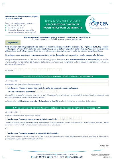 Déclaration retraite - Arrêt d’activité pour retraite CRPCEN