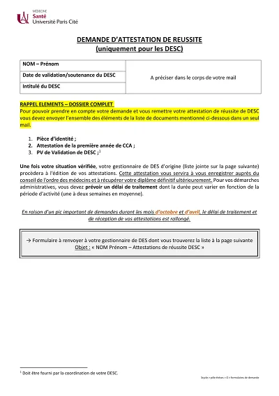 Demande Attestation DESC - Formulaire de demande d’attestation de réussite DESC