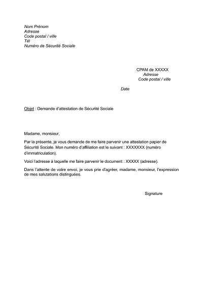 Demande attestation SS - Modèle de lettre pour obtenir une attestation de sécurité sociale