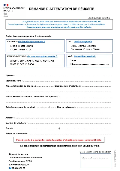 Demande Mayotte - Formulaire de demande d’attestation de réussite pour divers diplômes