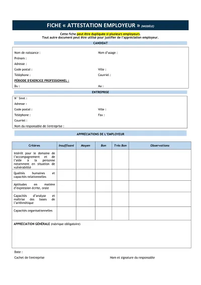 Fiche Attestion Employeur - Formulaire d’appréciation employeur pour candidature