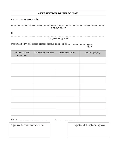 Fin bail agricole - Attestation de fin de bail verbal agricole