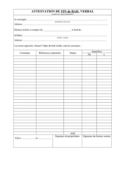 Fin bail verbal - Attestation de fin de bail verbal