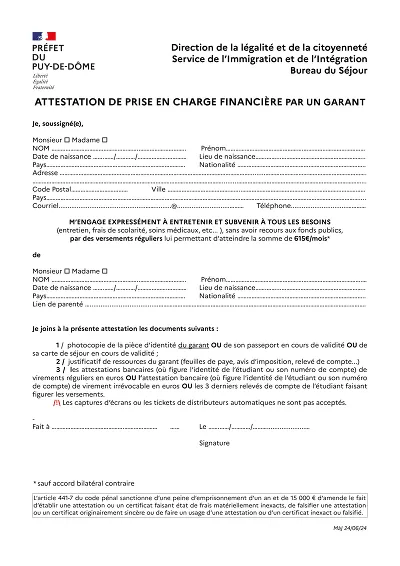 Garant visa étudiant - Formulaire officiel garant prise en charge visa
