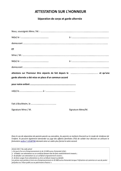 Garde alternée - Certifie la garde alternée suite à séparation.