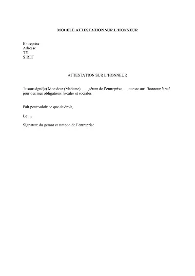 Honneur Fiscal - Atteste la mise à jour des obligations fiscales