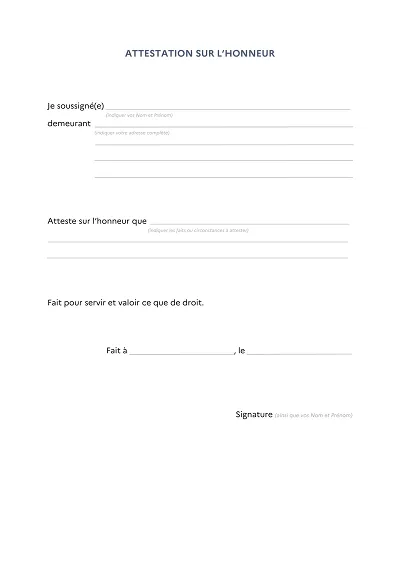 Honneur Général - Modèle simple d'attestation sur l'honneur à remplir
