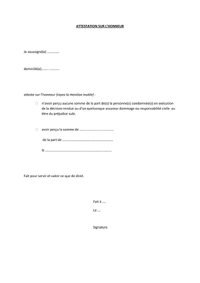 Honneur Sommes - Attestation sur l'honneur de sommes perçues ou non