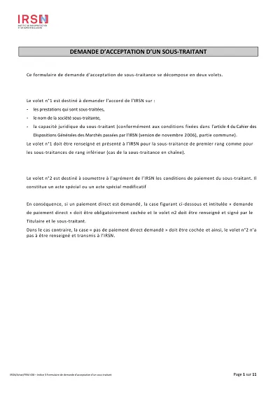 IRSN Sous-traitant - Formulaire acceptation et paiement direct