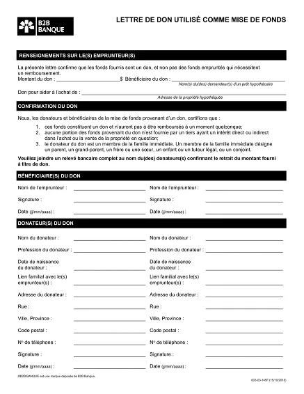 Lettre don fonds prêt - Lettre confirmant un don comme mise de fonds hypothécaire.