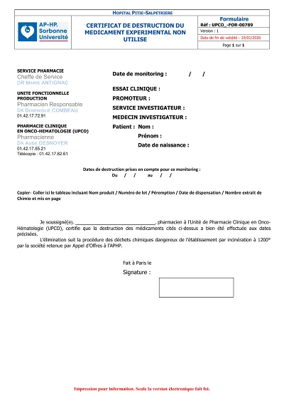 Médicaments détruits - Certificat de destruction de médicament expérimental.