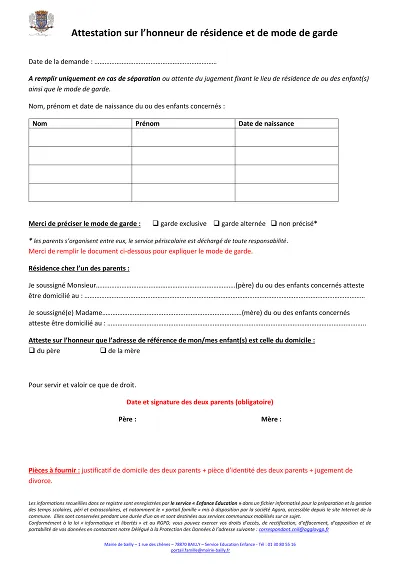Modele garde excl - Atteste résidence et garde exclusive d'un enfant