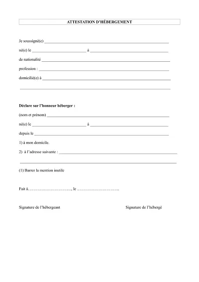 Modèle hébergement - Formulaire à remplir pour attester d’un hébergement gratuit.