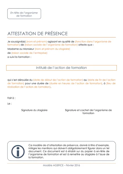 Présence Formation - Modèle attestation de présence pour formation