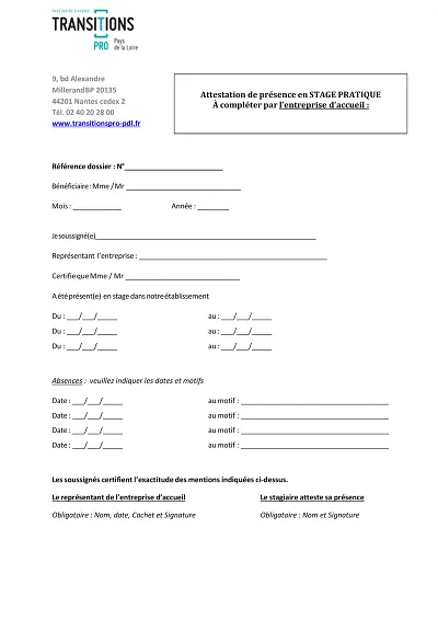 Présence Stage - Modèle d’attestation de présence en stage pratique