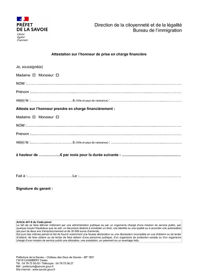 Prise en charge - Attestation honneur soutien financier