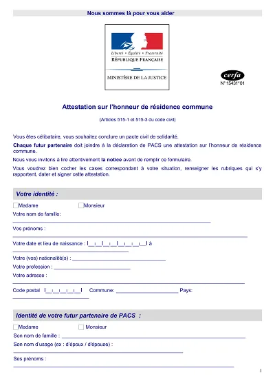 Résidence Commune - Atteste la résidence commune en vue d’un PACS