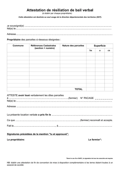 Résiliation bail - Attestation de résiliation de bail verbal