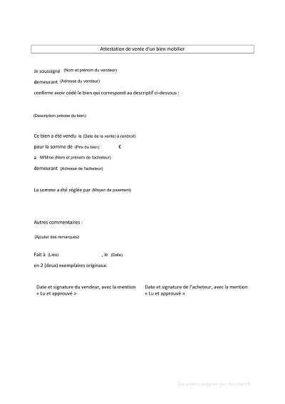 Vente mobilier - Vente de mobilier entre particuliers – attestation simple