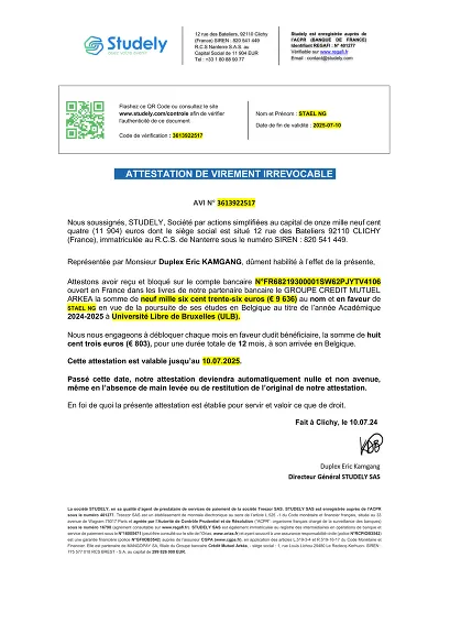 Virement étudiant - Attestation virement pour études en Belgique