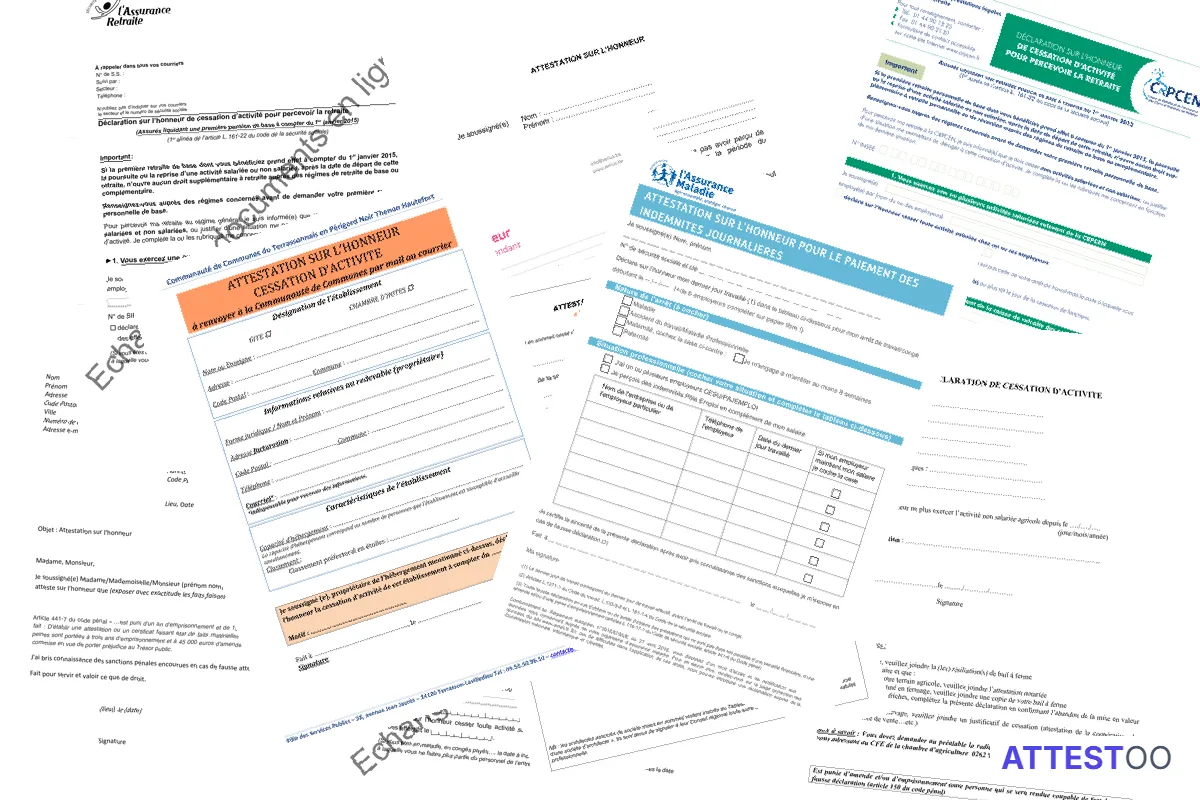 Modèle d'attestation sur l'honneur de cessation d'activité