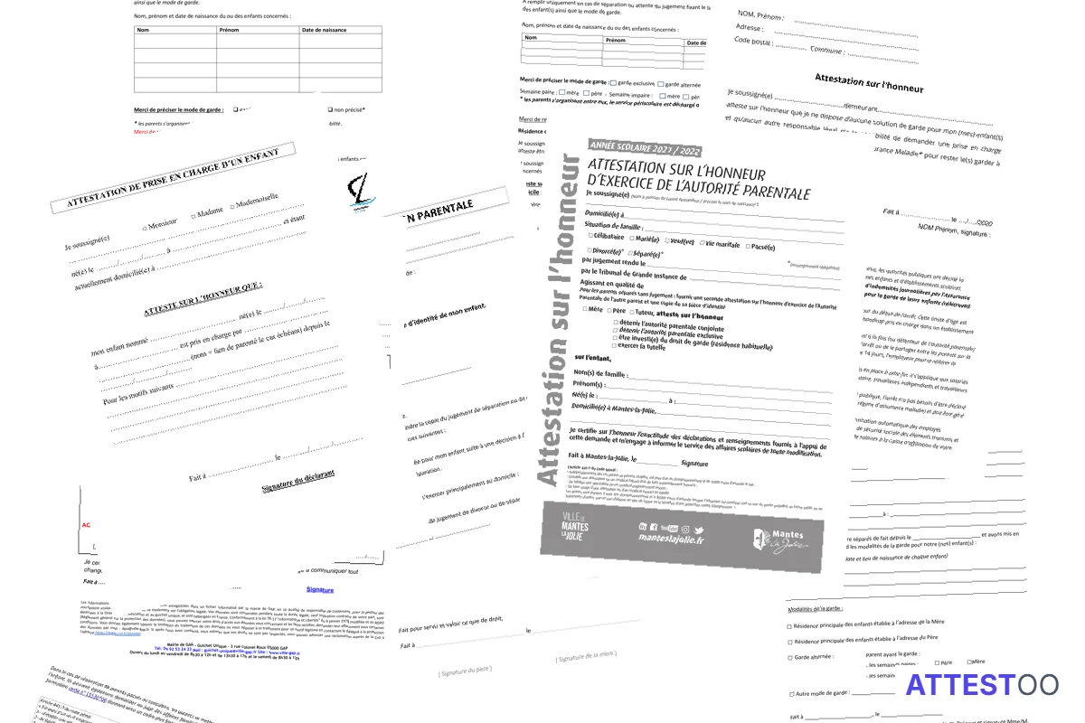 Modèle d'attestation sur l'honneur de garde exclusive amiable