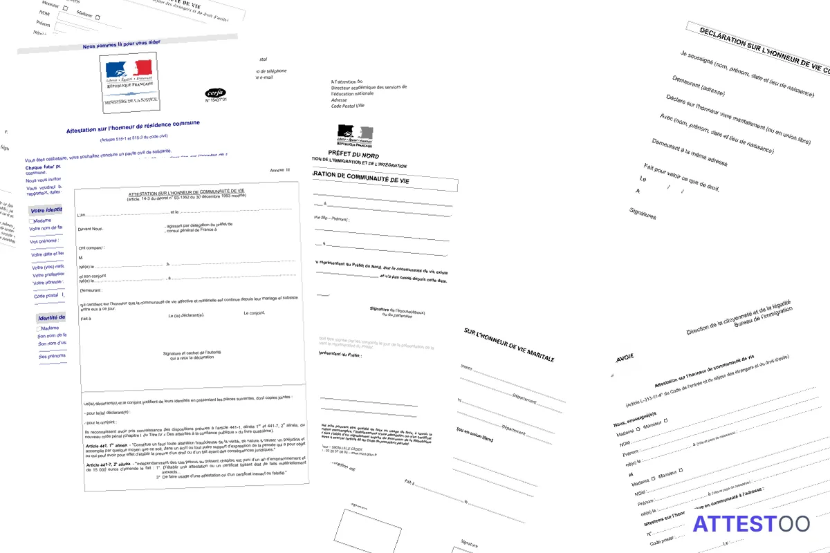 Modèle d'attestation sur l'honneur de vie commune ou concubinage